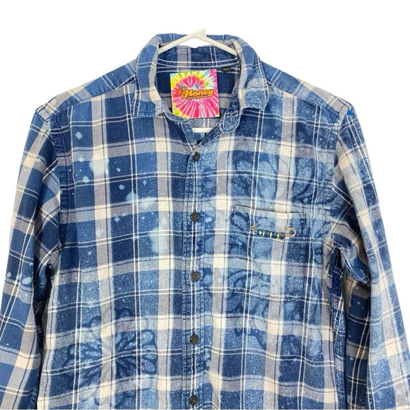 Handmade Boho Flannel Shirt Womens Small Denim Chambray Stencil Bleached Plaid - Picture 3 of 10